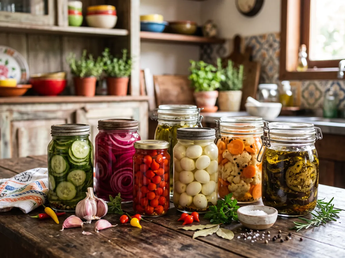 Potes de conservas caseiras: pepino, cebola roxa, pimenta biquinho, ovos de codorna, picles e berinjela